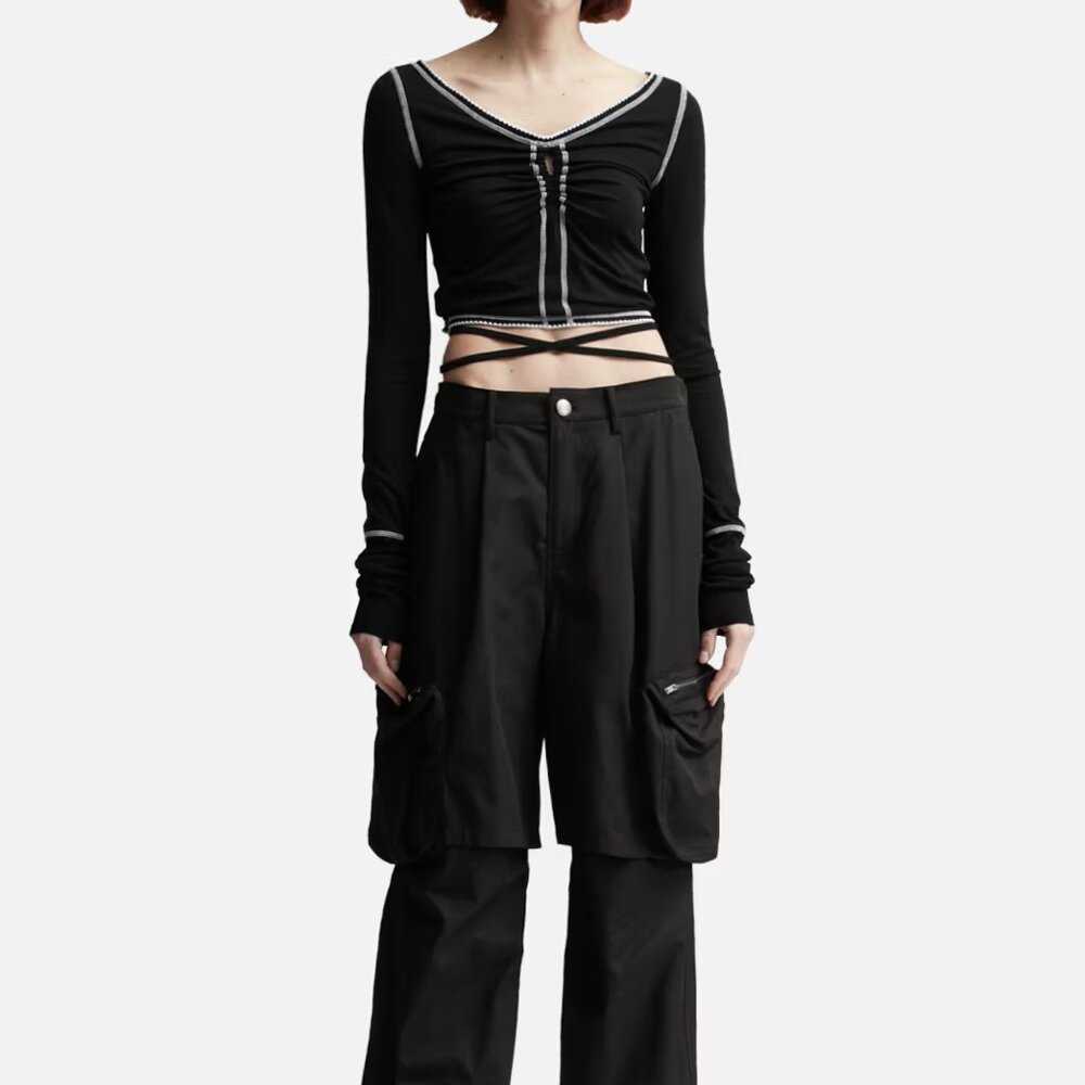 Lesugiatelier Shirred Long Sleeve Top Black Contrast Stitch Tie Waist Size M